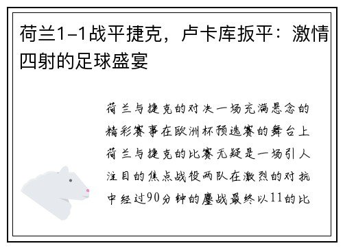 荷兰1-1战平捷克，卢卡库扳平：激情四射的足球盛宴